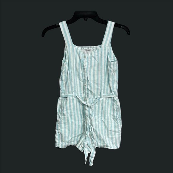 Old Navy | Girls Linen Striped Blue White Button Down Romper Jumpsuit Size L - Picture 1 of 12